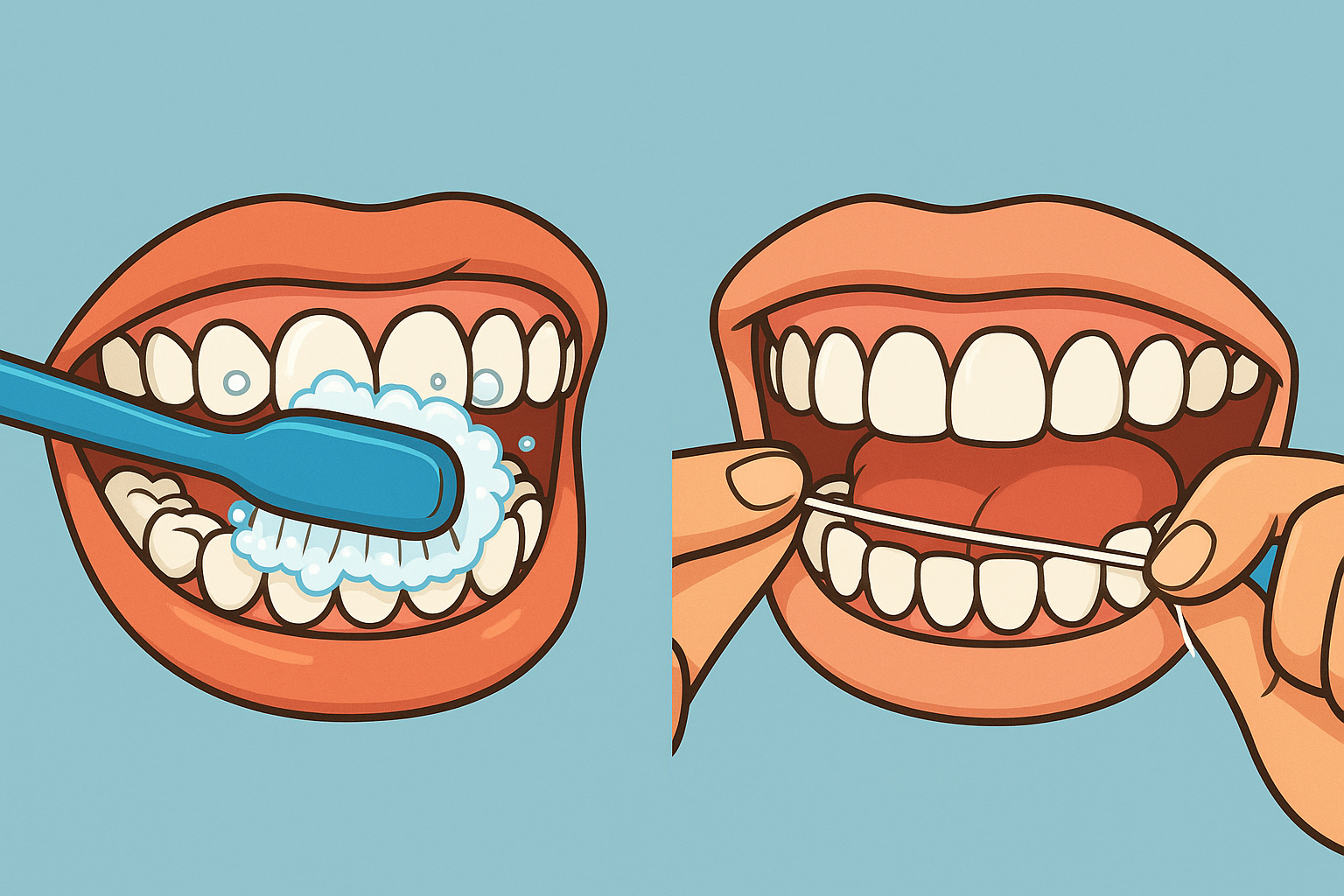 A picture showing brushing teeth with foaming toothpaste and flossing in between teeth